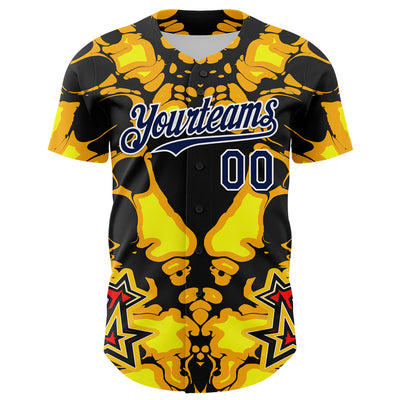 Custom Black Navy Yellow-White 3D Pattern Design Burner Costumes Flame Authentic Baseball Jersey