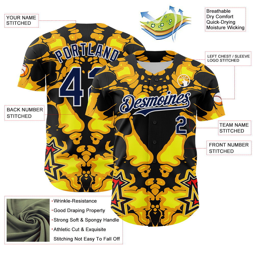 Custom Black Navy Yellow-White 3D Pattern Design Burner Costumes Flame Authentic Baseball Jersey