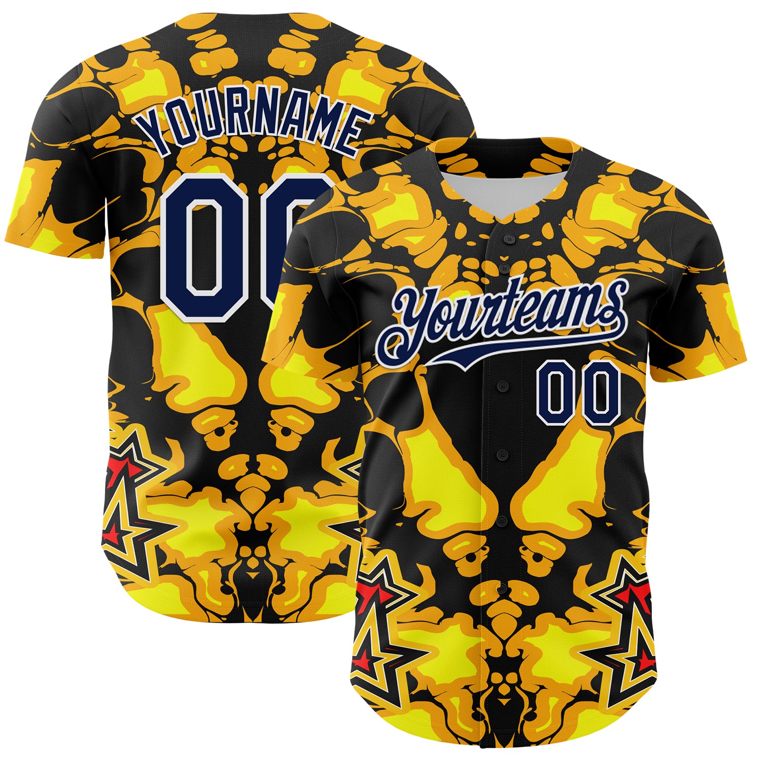 Custom Black Navy Yellow-White 3D Pattern Design Burner Costumes Flame Authentic Baseball Jersey