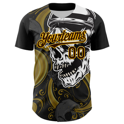 Custom Black Brown Yellow-White 3D Pattern Design Burner Costumes Skull Authentic Baseball Jersey