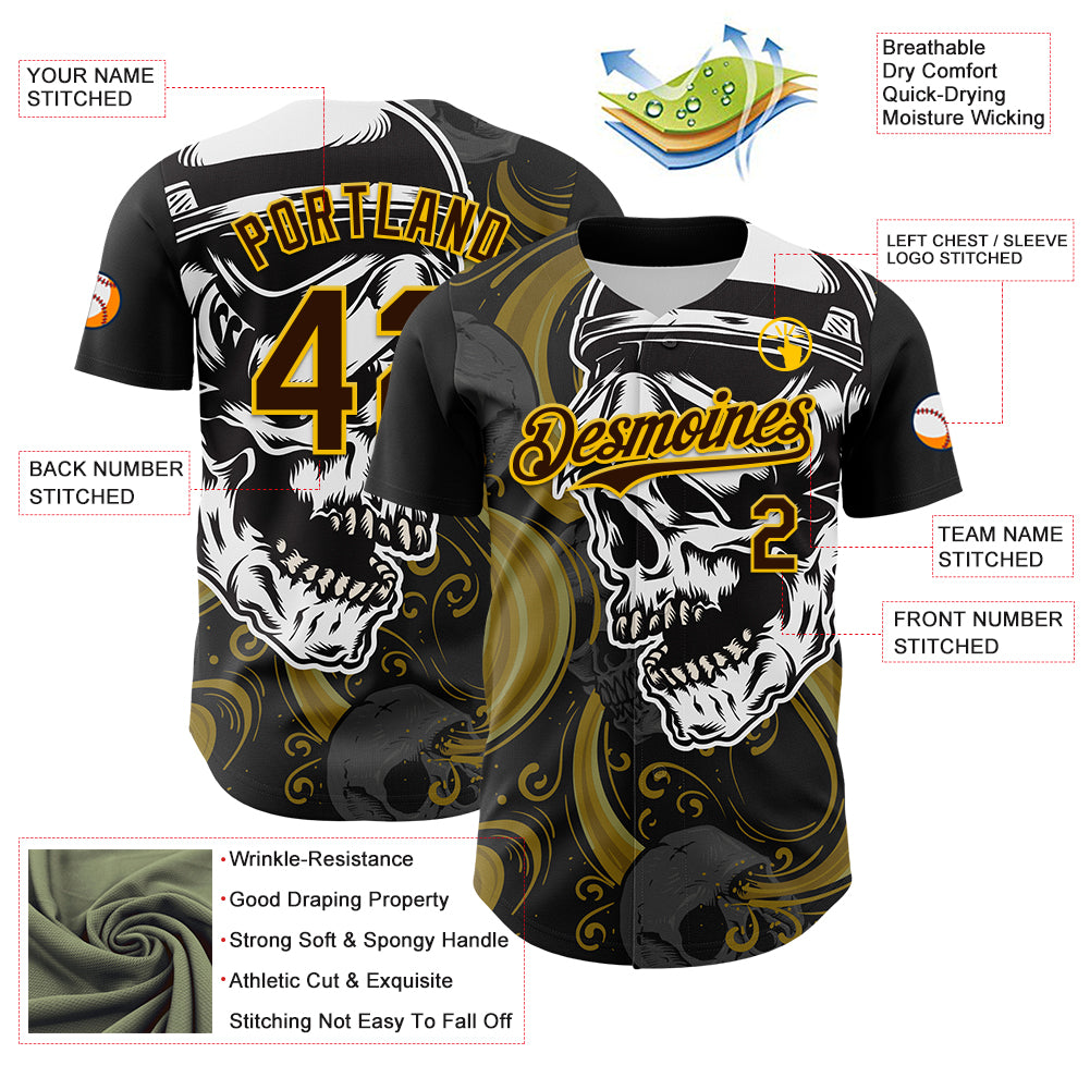 Custom Black Brown Yellow-White 3D Pattern Design Burner Costumes Skull Authentic Baseball Jersey