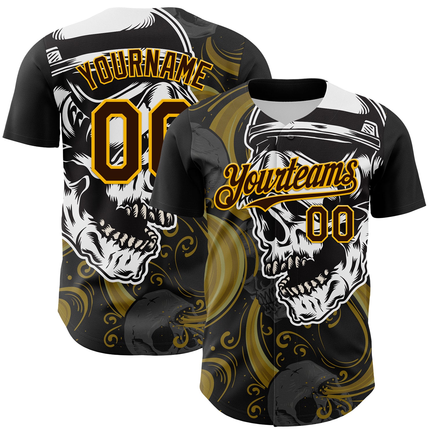 Custom Black Brown Yellow-White 3D Pattern Design Burner Costumes Skull Authentic Baseball Jersey