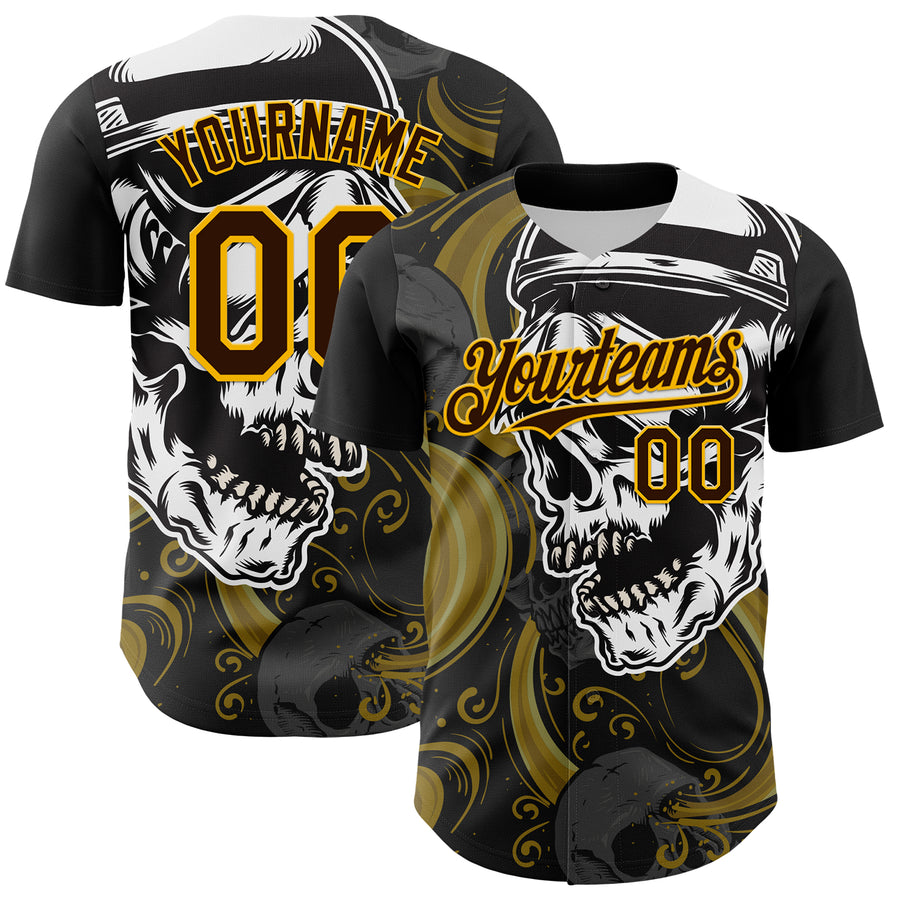 Custom Black Brown Yellow-White 3D Pattern Design Burner Costumes Skull Authentic Baseball Jersey