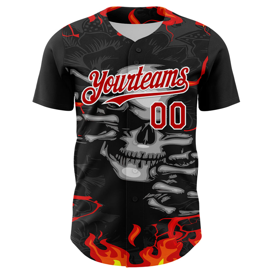 Custom Black Red-White 3D Pattern Design Burner Costumes Hellfire Skull Authentic Baseball Jersey