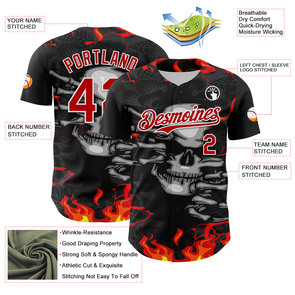 Custom Black Red-White 3D Pattern Design Burner Costumes Hellfire Skull Authentic Baseball Jersey