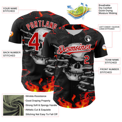 Custom Black Red-White 3D Pattern Design Burner Costumes Hellfire Skull Authentic Baseball Jersey