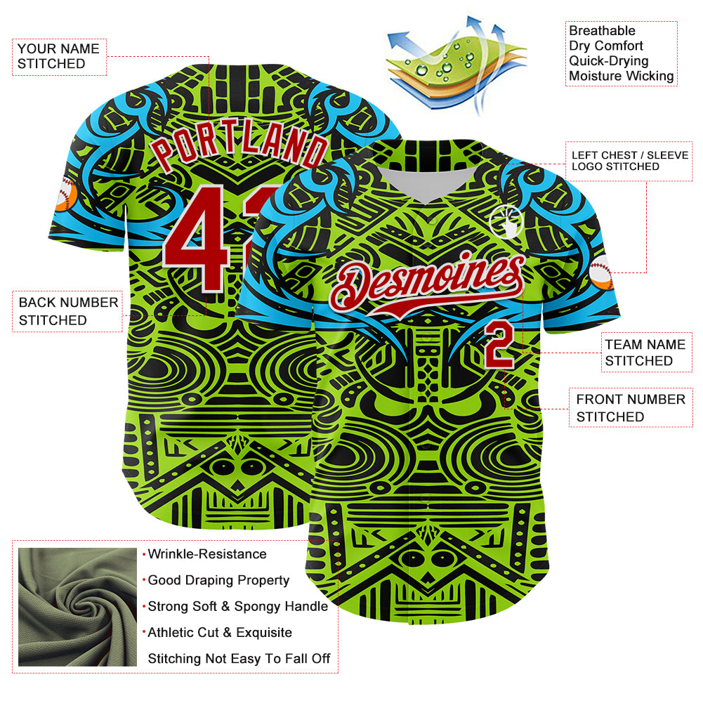Custom Green Red Blue Black-White 3D Pattern Design Burner Costumes Tribal Authentic Baseball Jersey