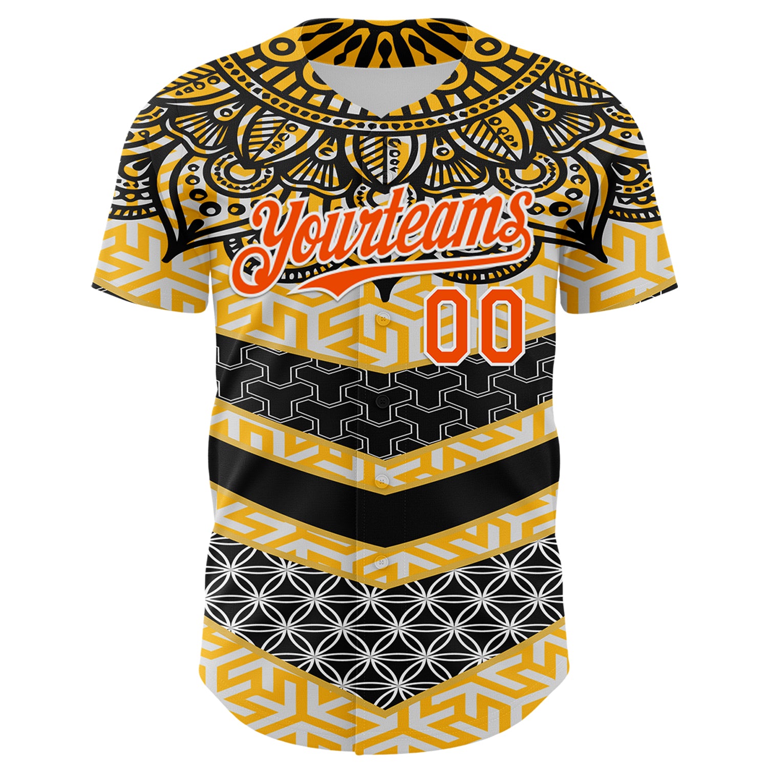 Custom Yellow Orange Black-White 3D Pattern Design Burner Costumes Tribal Authentic Baseball Jersey