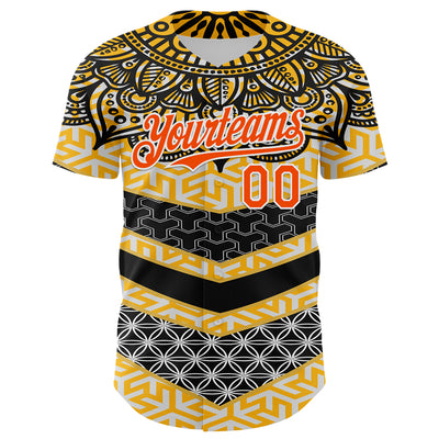 Custom Yellow Orange Black-White 3D Pattern Design Burner Costumes Tribal Authentic Baseball Jersey
