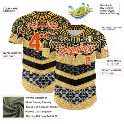 Custom Yellow Orange Black-White 3D Pattern Design Burner Costumes Tribal Authentic Baseball Jersey