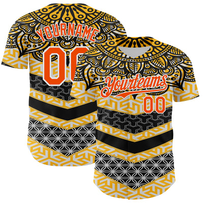 Custom Yellow Orange Black-White 3D Pattern Design Burner Costumes Tribal Authentic Baseball Jersey