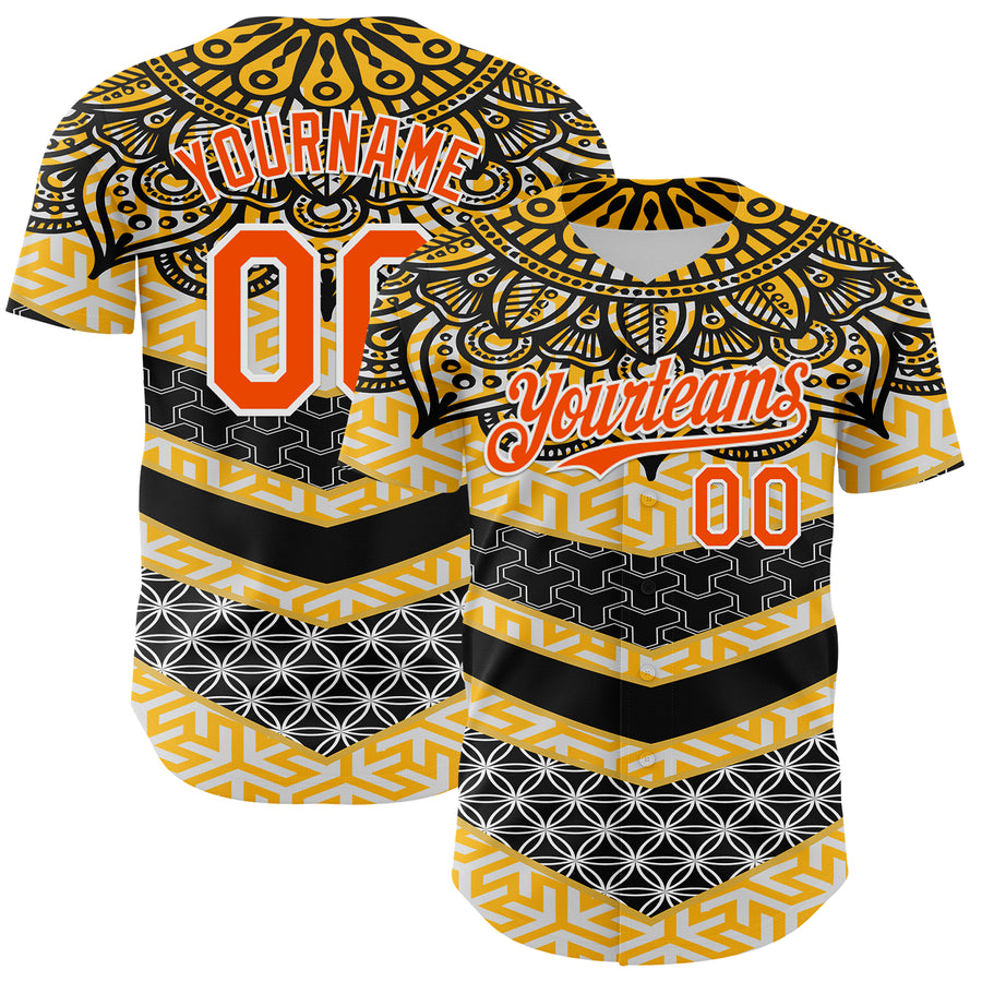 Custom Yellow Orange Black-White 3D Pattern Design Burner Costumes Tribal Authentic Baseball Jersey
