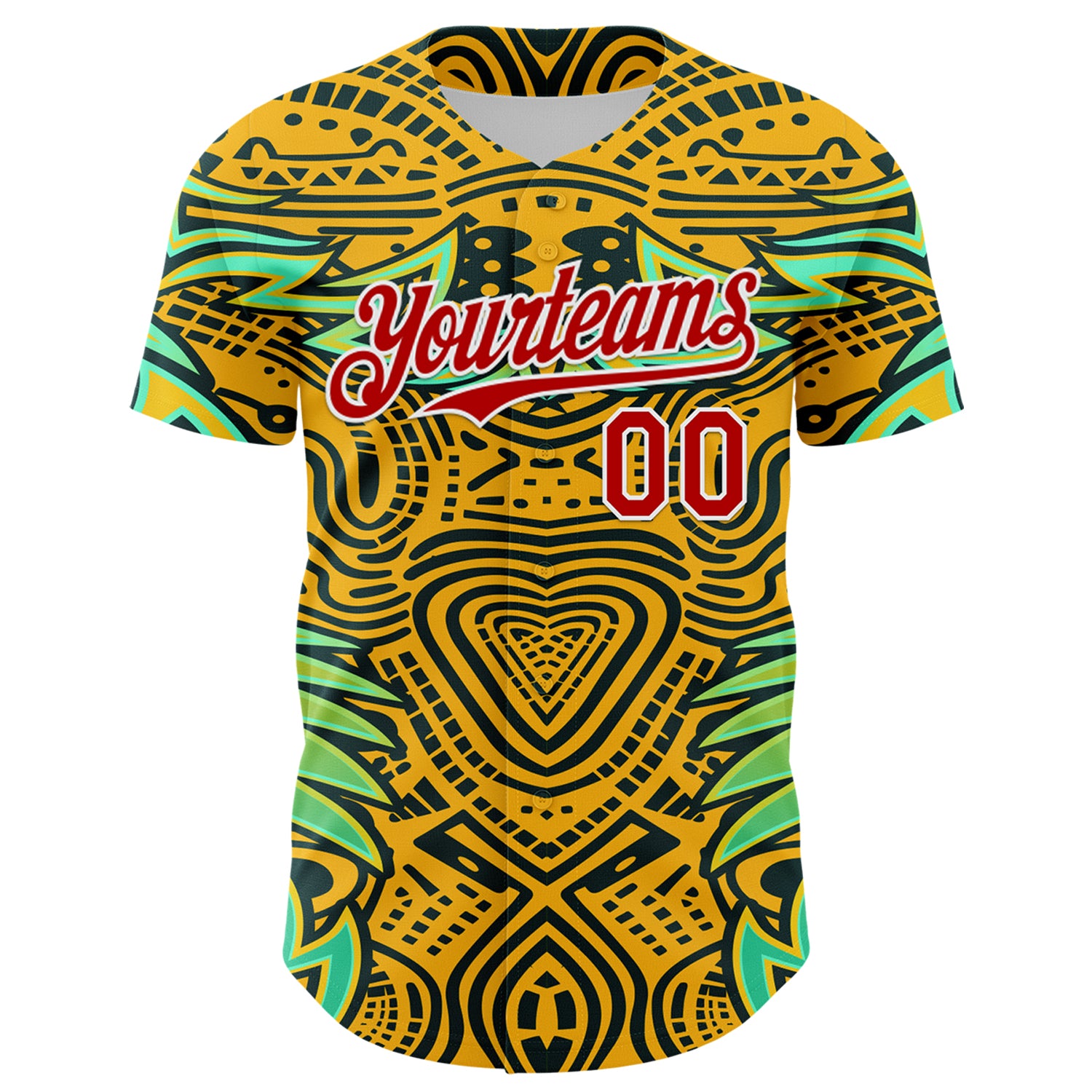 Custom Gold Red Black Green-White 3D Pattern Design Burner Costumes Tribal Authentic Baseball Jersey