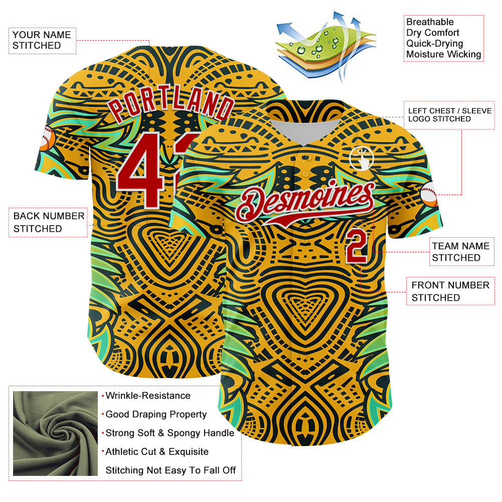 Custom Gold Red Black Green-White 3D Pattern Design Burner Costumes Tribal Authentic Baseball Jersey