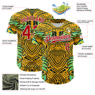 Custom Gold Red Black Green-White 3D Pattern Design Burner Costumes Tribal Authentic Baseball Jersey