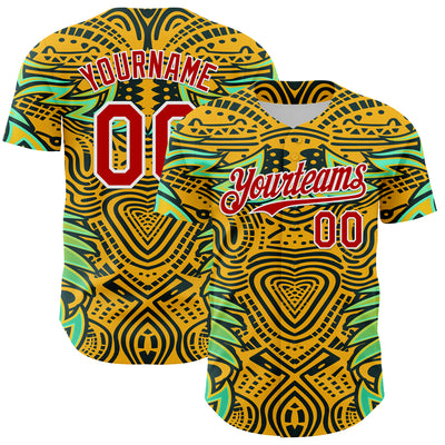 Custom Gold Red Black Green-White 3D Pattern Design Burner Costumes Tribal Authentic Baseball Jersey