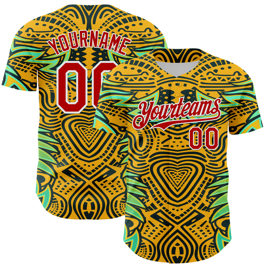 Custom Gold Red Black Green-White 3D Pattern Design Burner Costumes Tribal Authentic Baseball Jersey