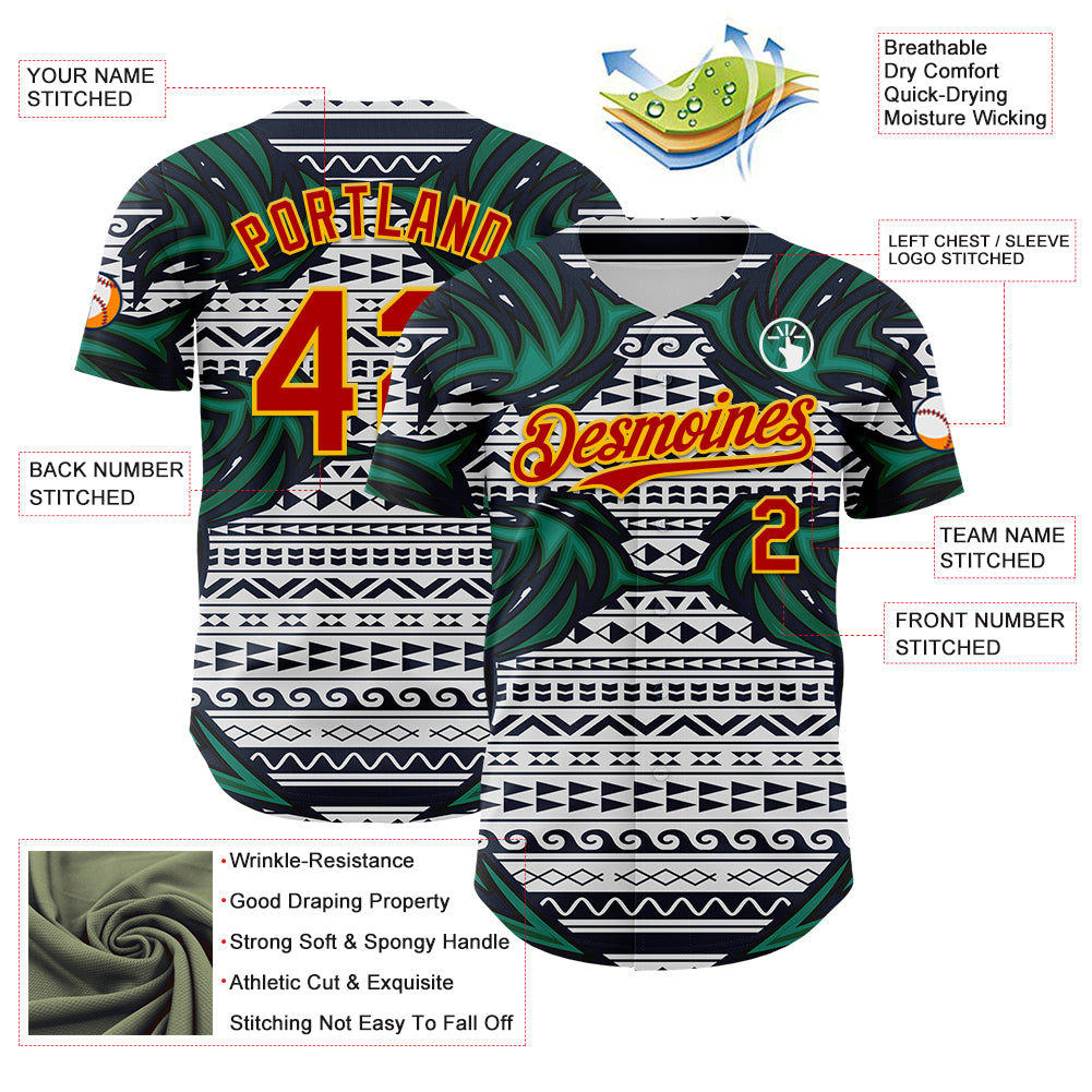 Custom White Red Blue Green-Yellow 3D Pattern Design Burner Costumes Tribal Authentic Baseball Jersey
