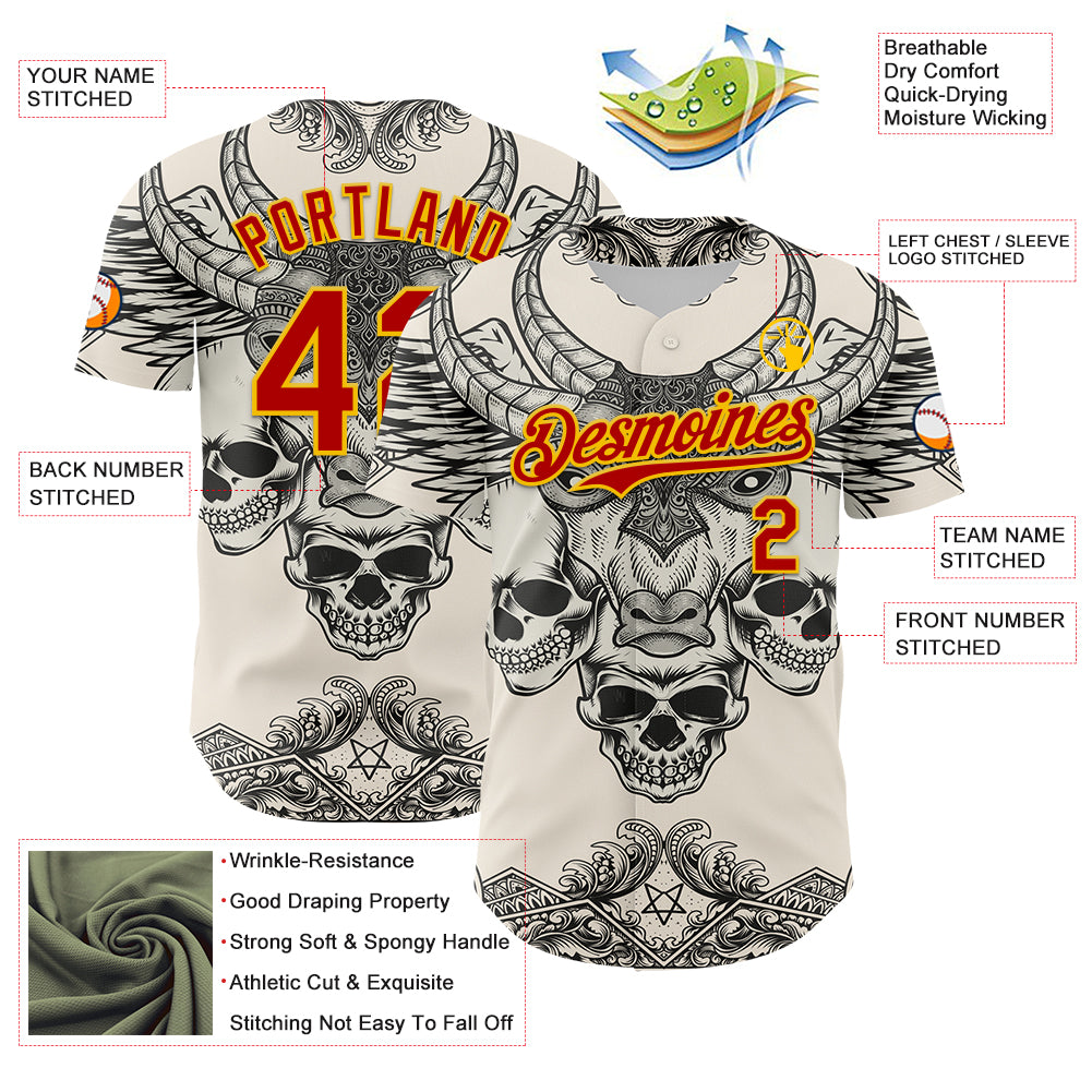 Custom Cream Red-Yellow 3D Pattern Design Burner Costumes Hell Skull Authentic Baseball Jersey