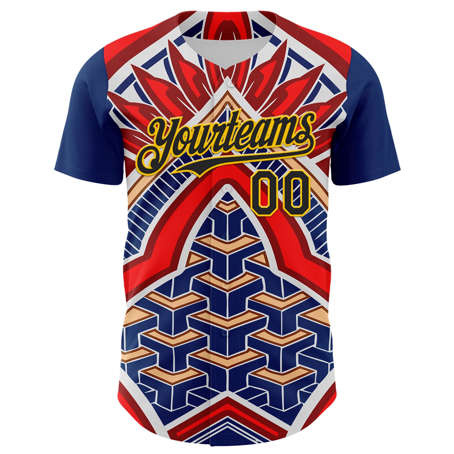 Custom Blue Black Red-Yellow 3D Pattern Design Burner Costumes Tribal Authentic Baseball Jersey