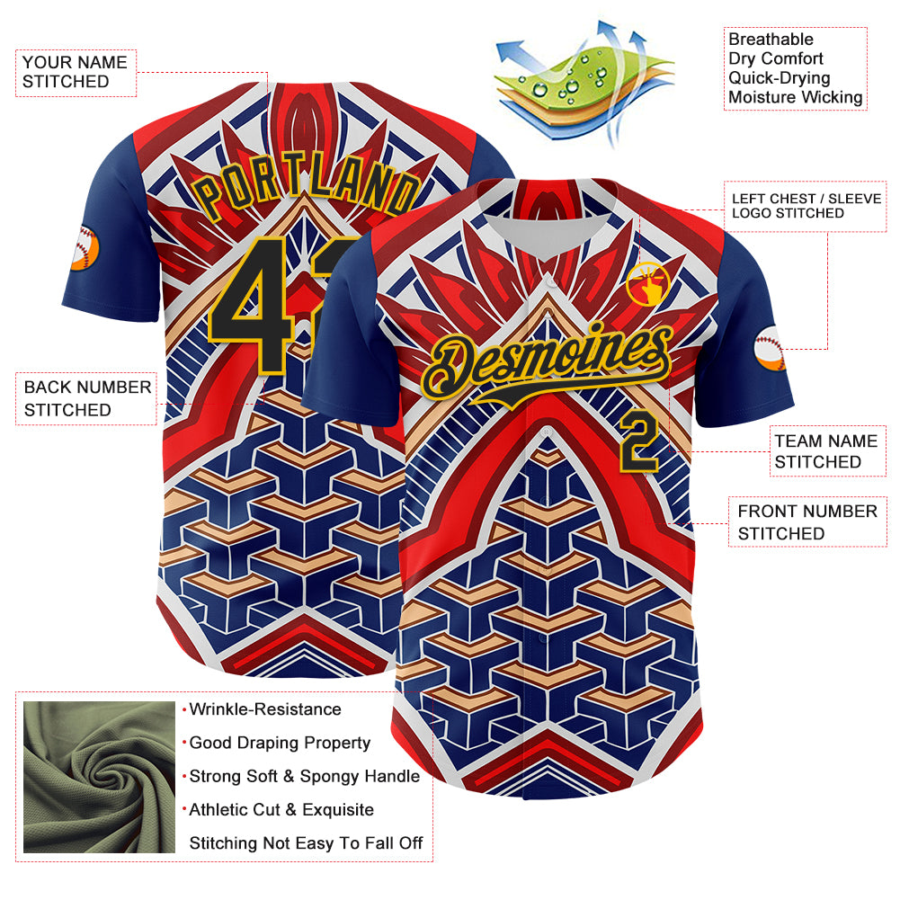 Custom Blue Black Red-Yellow 3D Pattern Design Burner Costumes Tribal Authentic Baseball Jersey