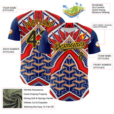 Custom Blue Black Red-Yellow 3D Pattern Design Burner Costumes Tribal Authentic Baseball Jersey