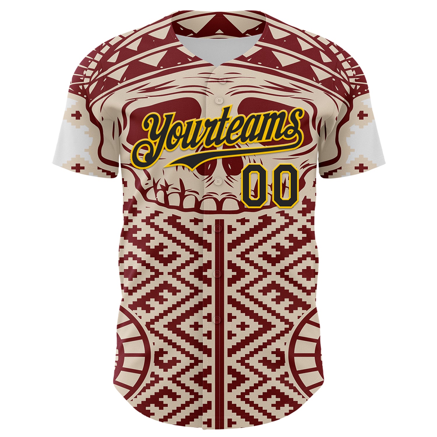Custom Cream Black Red-Yellow 3D Pattern Design Burner Costumes Tribal Skull Authentic Baseball Jersey