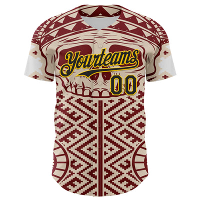 Custom Cream Black Red-Yellow 3D Pattern Design Burner Costumes Tribal Skull Authentic Baseball Jersey
