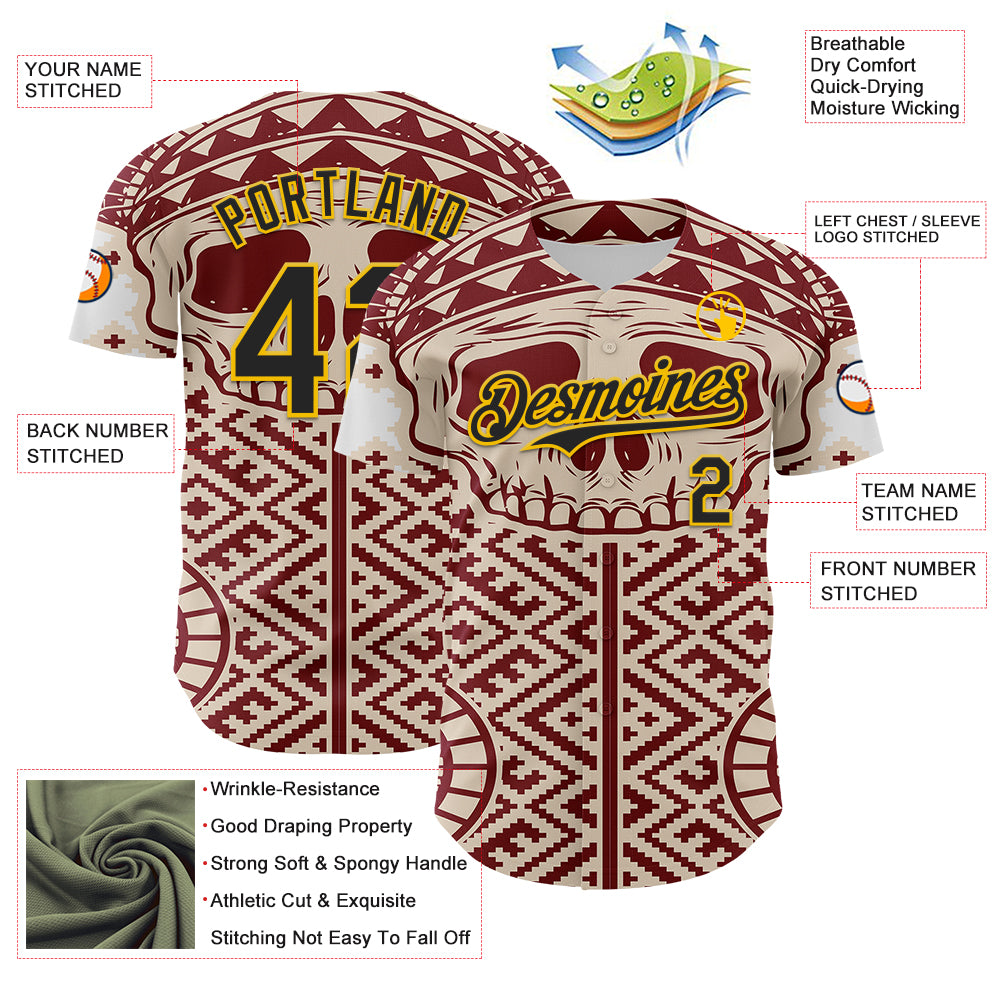 Custom Cream Black Red-Yellow 3D Pattern Design Burner Costumes Tribal Skull Authentic Baseball Jersey