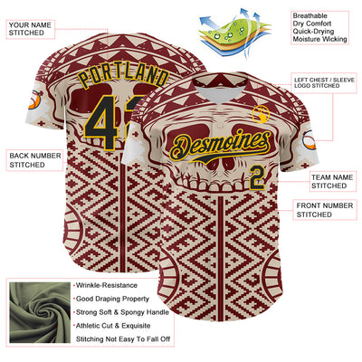 Custom Cream Black Red-Yellow 3D Pattern Design Burner Costumes Tribal Skull Authentic Baseball Jersey
