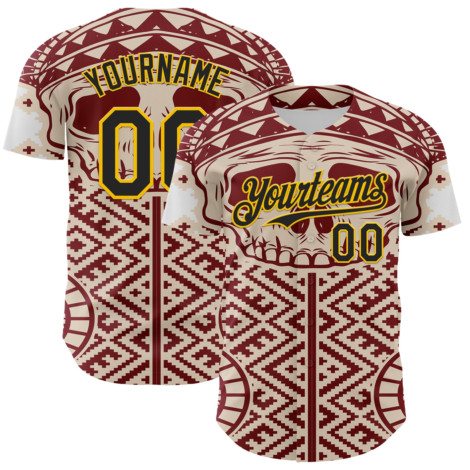 Custom Cream Black Red-Yellow 3D Pattern Design Burner Costumes Tribal Skull Authentic Baseball Jersey