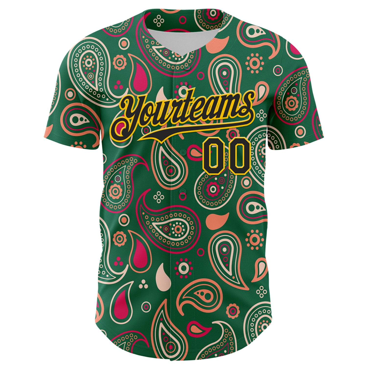 Custom Kelly Green Black-Yellow 3D Pattern Design Burner Costumes Paisley Bandana Authentic Baseball Jersey