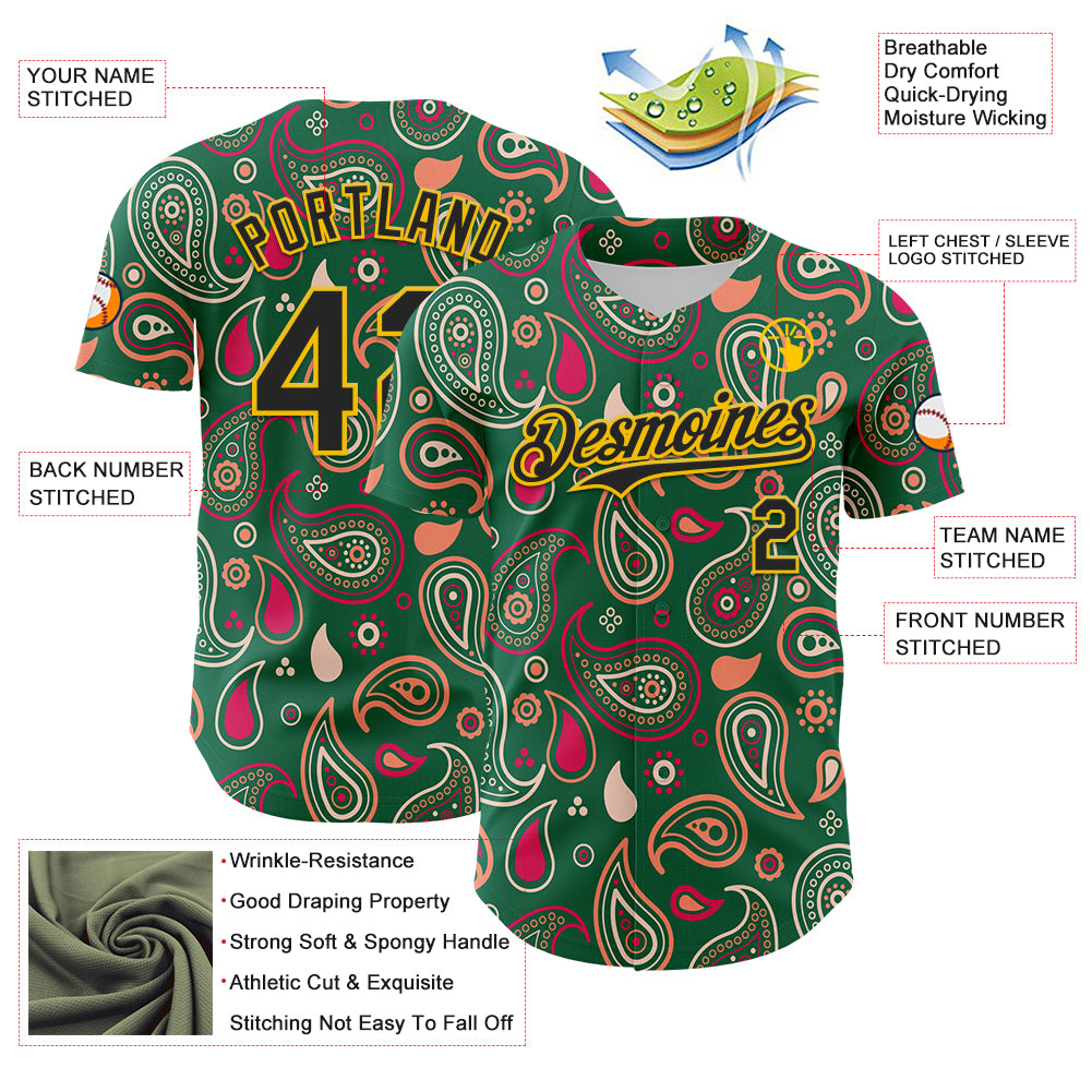 Custom Kelly Green Black-Yellow 3D Pattern Design Burner Costumes Paisley Bandana Authentic Baseball Jersey