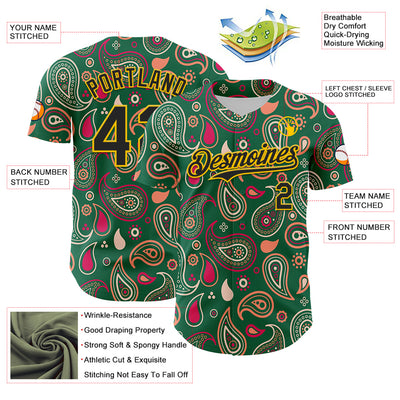 Custom Kelly Green Black-Yellow 3D Pattern Design Burner Costumes Paisley Bandana Authentic Baseball Jersey