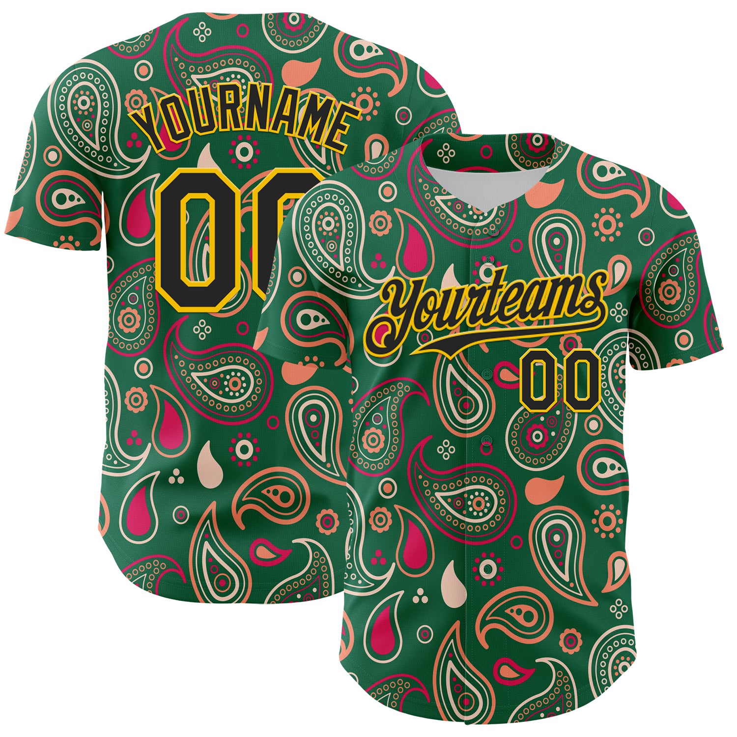Custom Kelly Green Black-Yellow 3D Pattern Design Burner Costumes Paisley Bandana Authentic Baseball Jersey