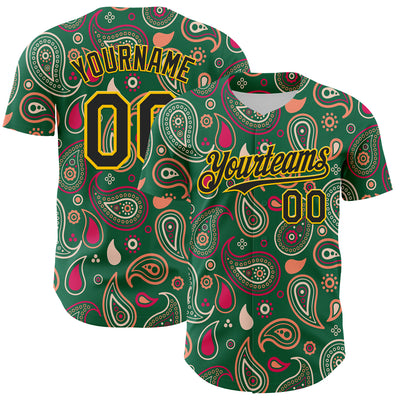 Custom Kelly Green Black-Yellow 3D Pattern Design Burner Costumes Paisley Bandana Authentic Baseball Jersey