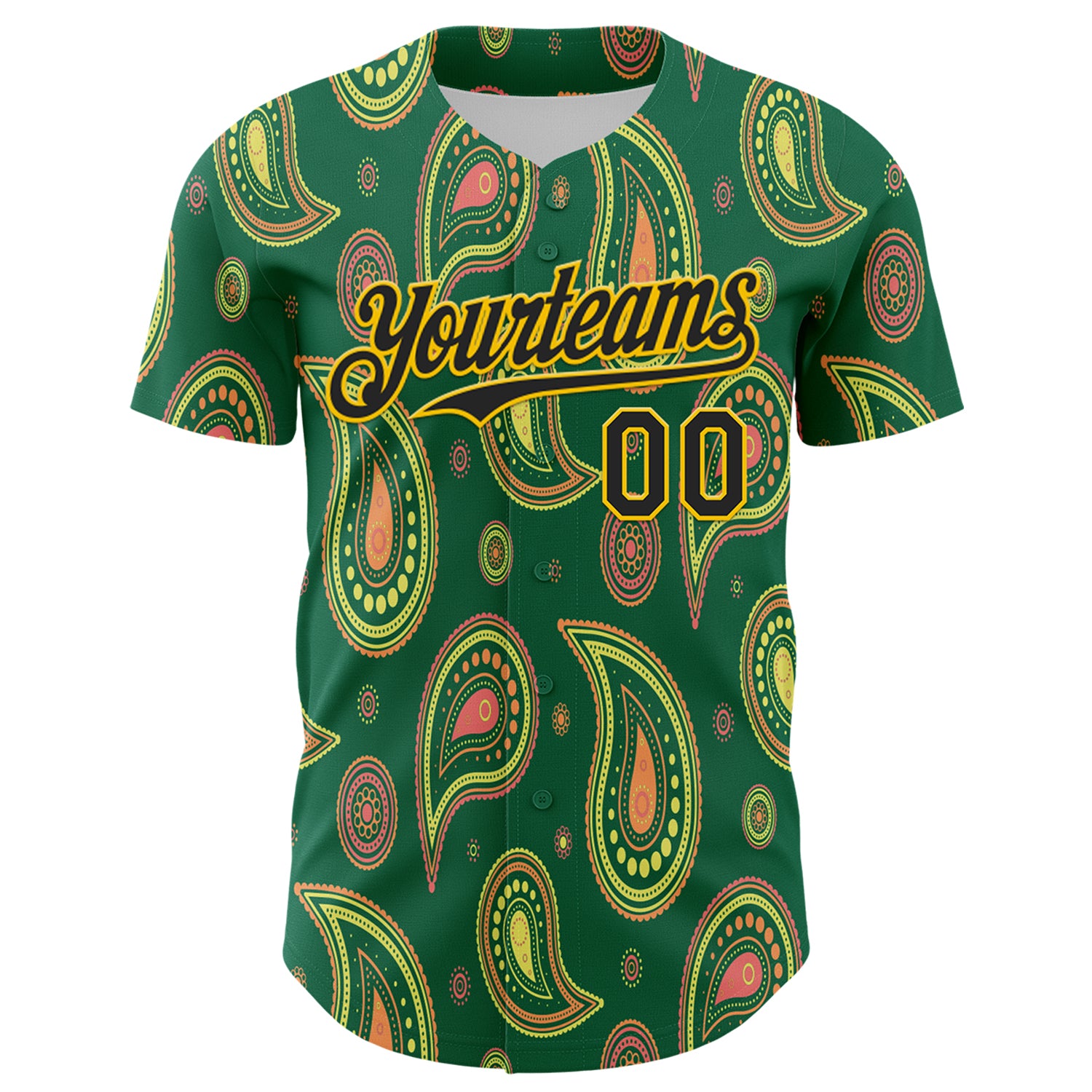Custom Kelly Green Black-Yellow 3D Pattern Design Burner Costumes Paisley Bandana Authentic Baseball Jersey
