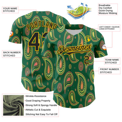 Custom Kelly Green Black-Yellow 3D Pattern Design Burner Costumes Paisley Bandana Authentic Baseball Jersey