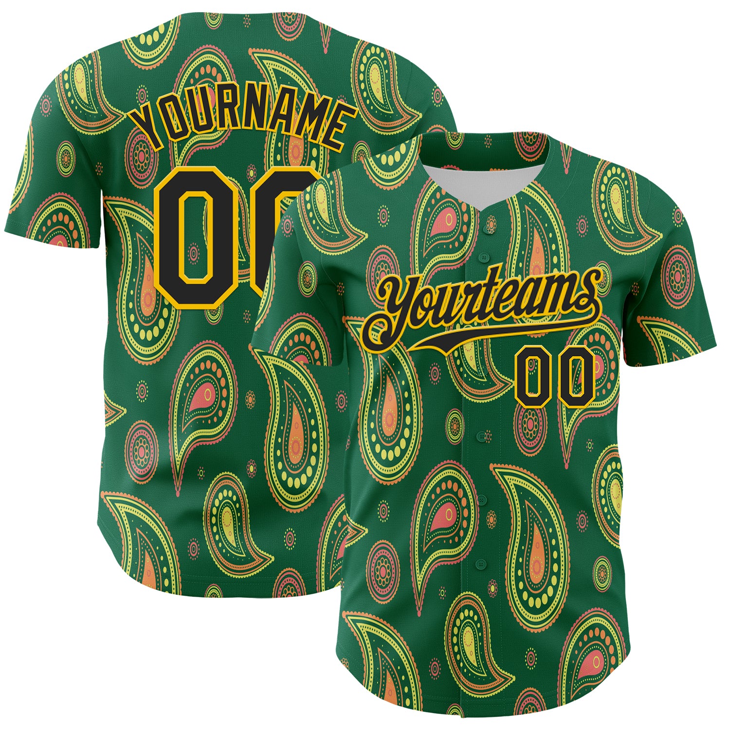 Custom Kelly Green Black-Yellow 3D Pattern Design Burner Costumes Paisley Bandana Authentic Baseball Jersey