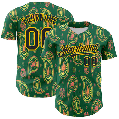 Custom Kelly Green Black-Yellow 3D Pattern Design Burner Costumes Paisley Bandana Authentic Baseball Jersey