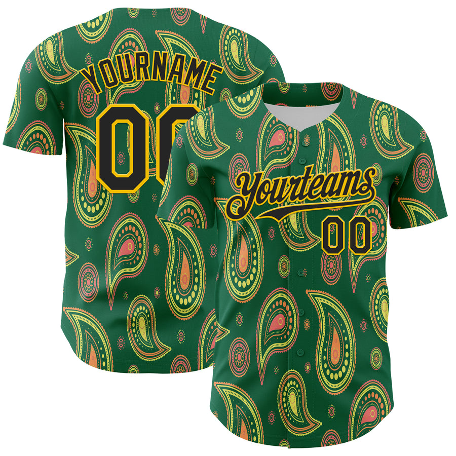 Custom Kelly Green Black-Yellow 3D Pattern Design Burner Costumes Paisley Bandana Authentic Baseball Jersey