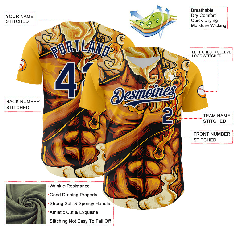Custom Gold Navy-White 3D Pattern Design Burner Costumes Flame Authentic Baseball Jersey