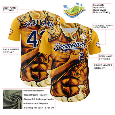 Custom Gold Navy-White 3D Pattern Design Burner Costumes Flame Authentic Baseball Jersey