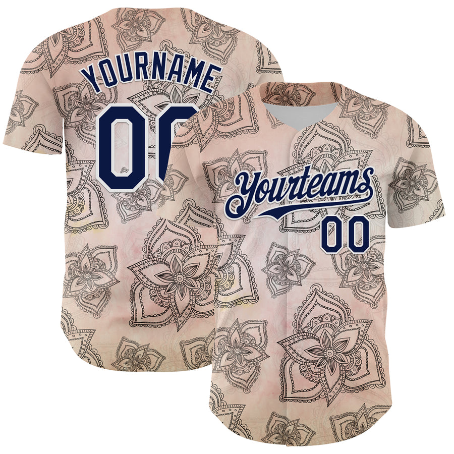 Custom Cream Navy-White 3D Pattern Design Burner Costumes Paisley Bandana Authentic Baseball Jersey