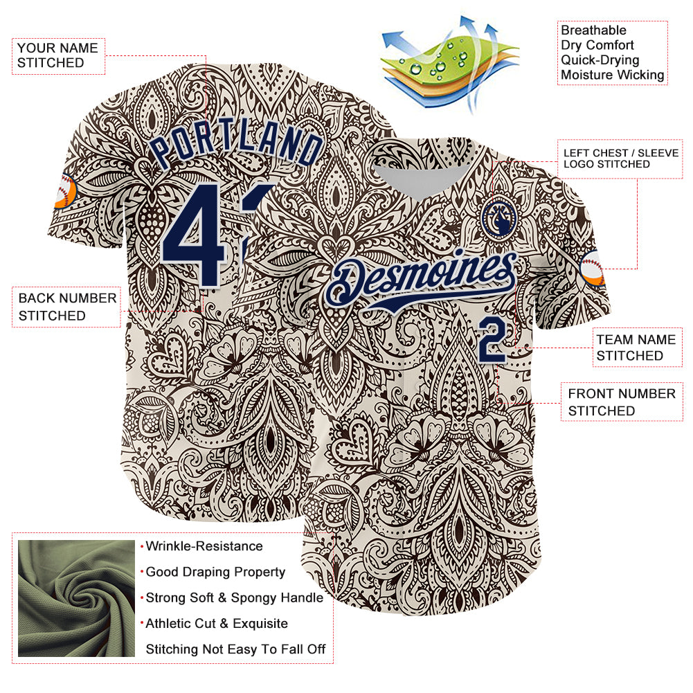 Custom Cream Navy-White 3D Pattern Design Burner Costumes Paisley Bandana Authentic Baseball Jersey
