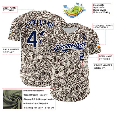 Custom Cream Navy-White 3D Pattern Design Burner Costumes Paisley Bandana Authentic Baseball Jersey