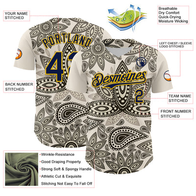 Custom Cream Navy-Yellow 3D Pattern Design Burner Costumes Paisley Bandana Authentic Baseball Jersey