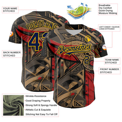 Custom Black Navy-Yellow 3D Pattern Design Burner Costumes Abstract Shape Authentic Baseball Jersey
