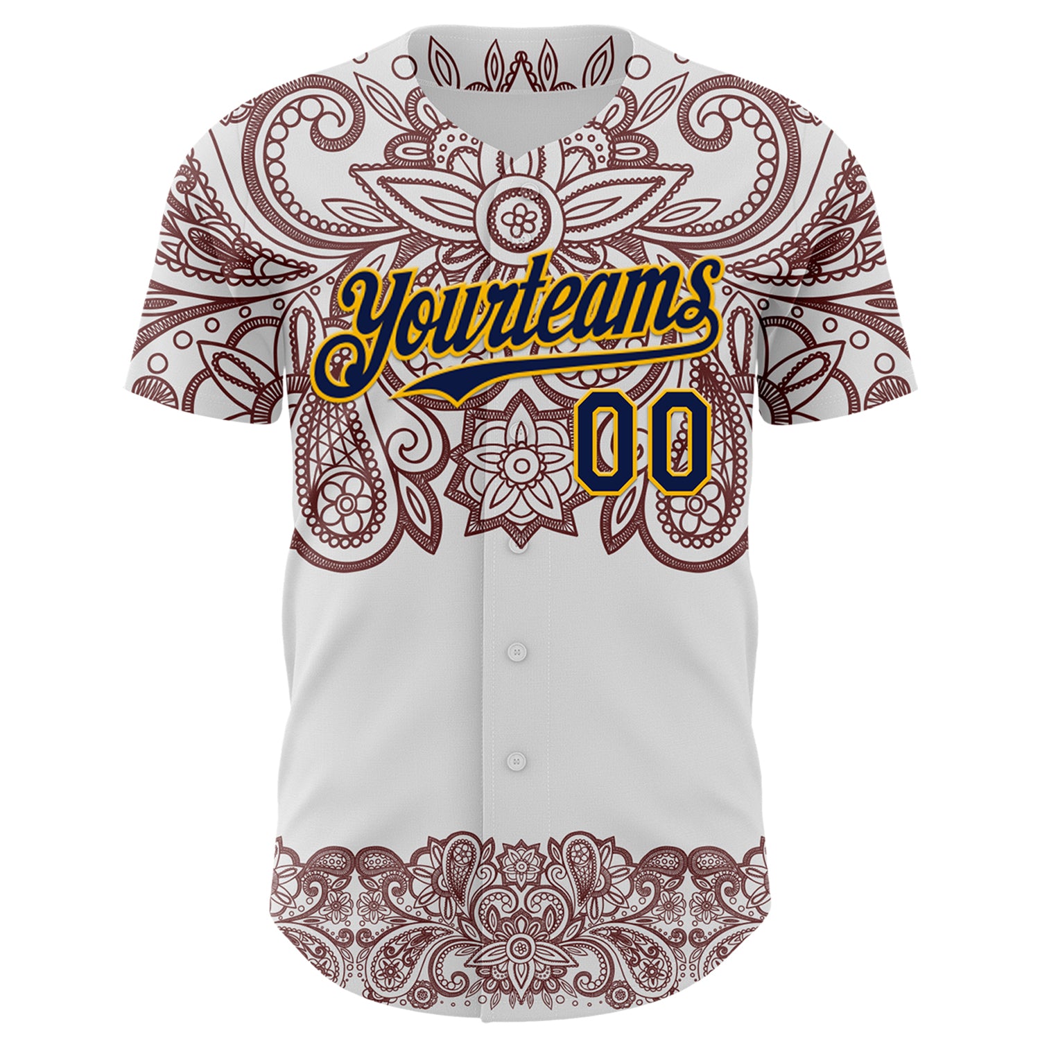 Custom White Navy Red-Yellow 3D Pattern Design Burner Costumes Paisley Bandana Authentic Baseball Jersey