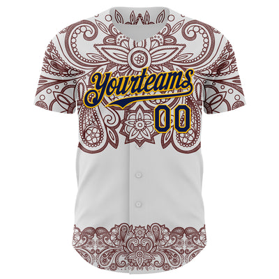 Custom White Navy Red-Yellow 3D Pattern Design Burner Costumes Paisley Bandana Authentic Baseball Jersey